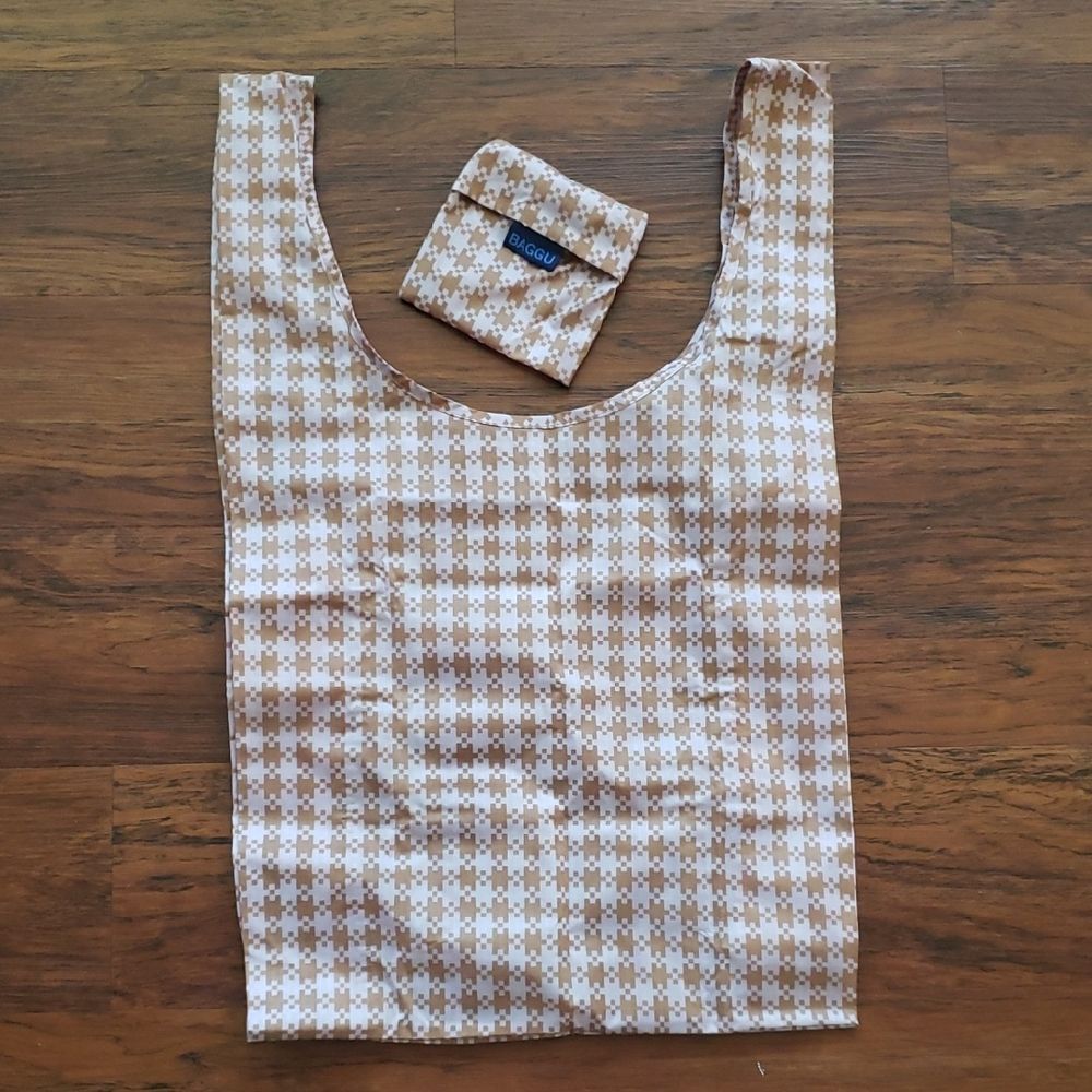 BAGGU Tan and Pink Houndstooth Reusable Tote New Chic Preppy Retro Boho